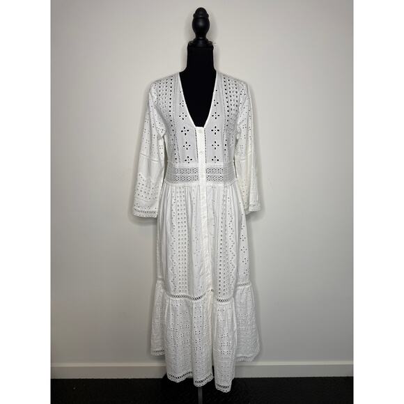 Zara Dresses & Skirts - Zara White 100% Cotton Eyelet Dress Ruffle Embroidery Cottagecore Boho XS